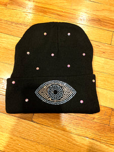 HAT: BLACK EVIL EYE STONES W PEARLS