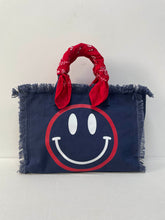Load image into Gallery viewer, CANVAS FRINGE TOTE MINI: SMILE BLUE RED W SCARF

