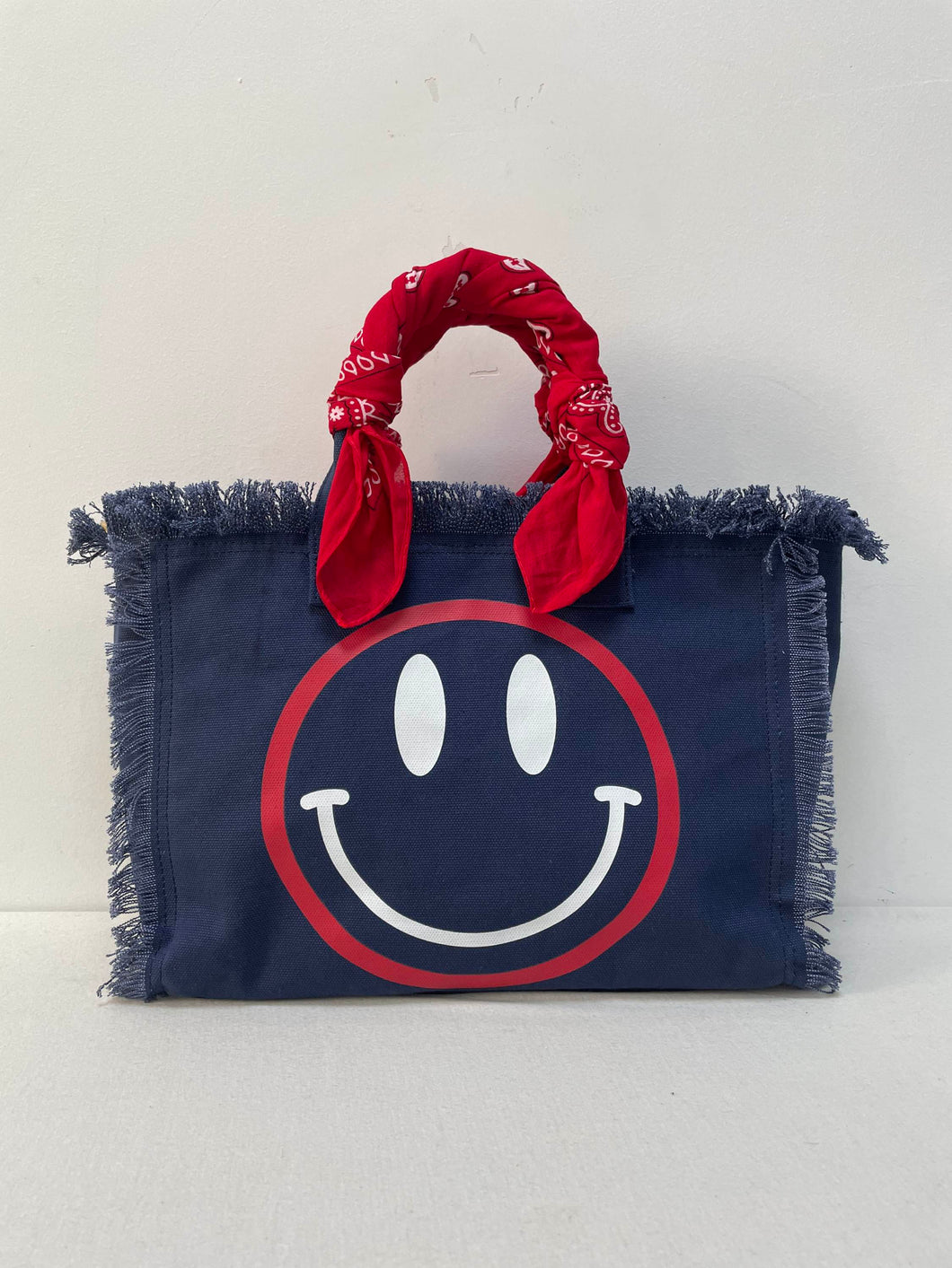 CANVAS FRINGE TOTE MINI: SMILE BLUE RED W SCARF
