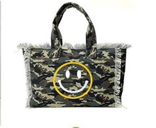 Load image into Gallery viewer, CANVAS FRINGE TOTE XL: CAMO SMILE
