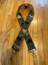 Load image into Gallery viewer, BAG STRAP: HEARTS  GREEN BLACK (GOLD OR SILVER HARDWARE)
