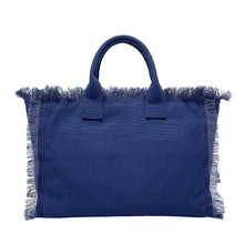 Load image into Gallery viewer, CANVAS FRINGE TOTE MINI: SMILE BLUE RED W SCARF
