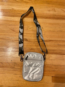 SALE PUFFER PHONE BAG: SILVER W CAMO STRAP