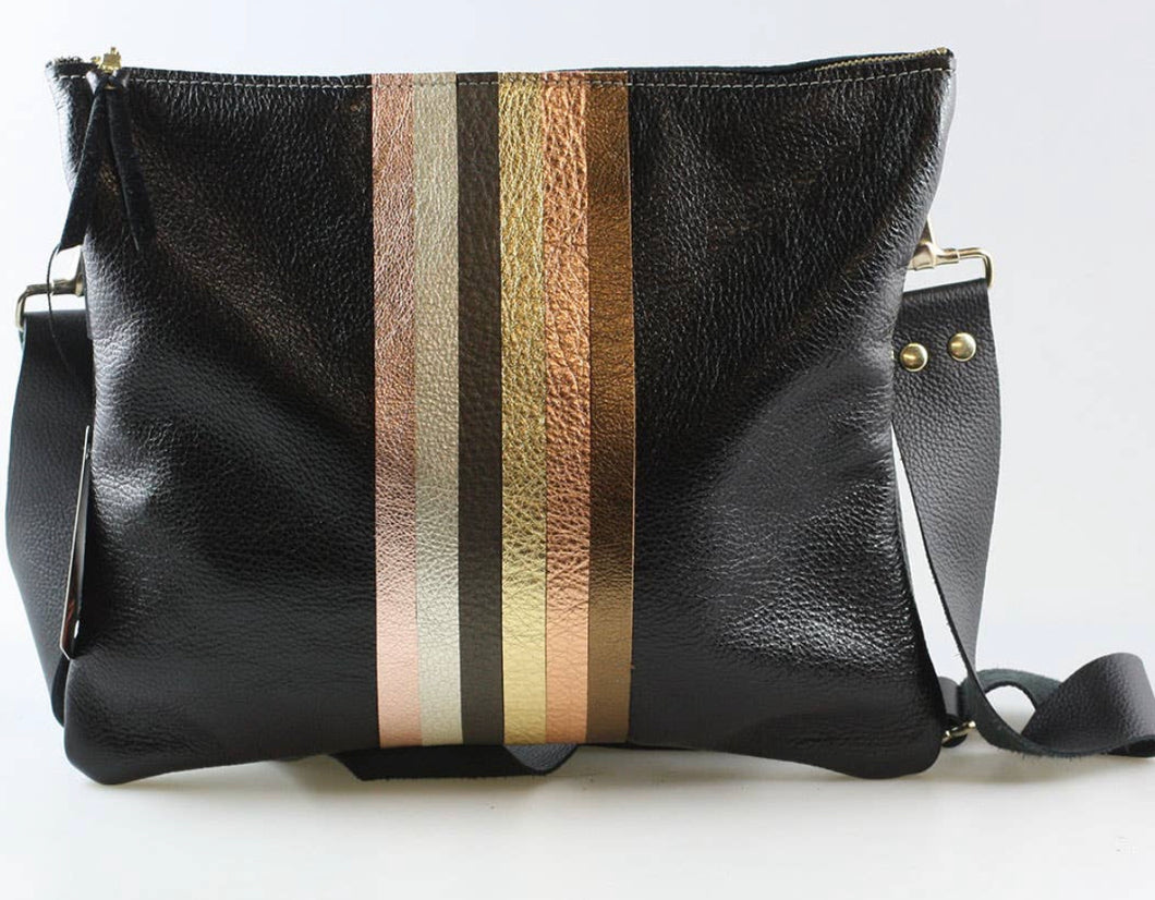 GENUINE LEATHER BAG: TAYLOR CROSSBODY BLACK WITH SILVER GOLD STRIPE