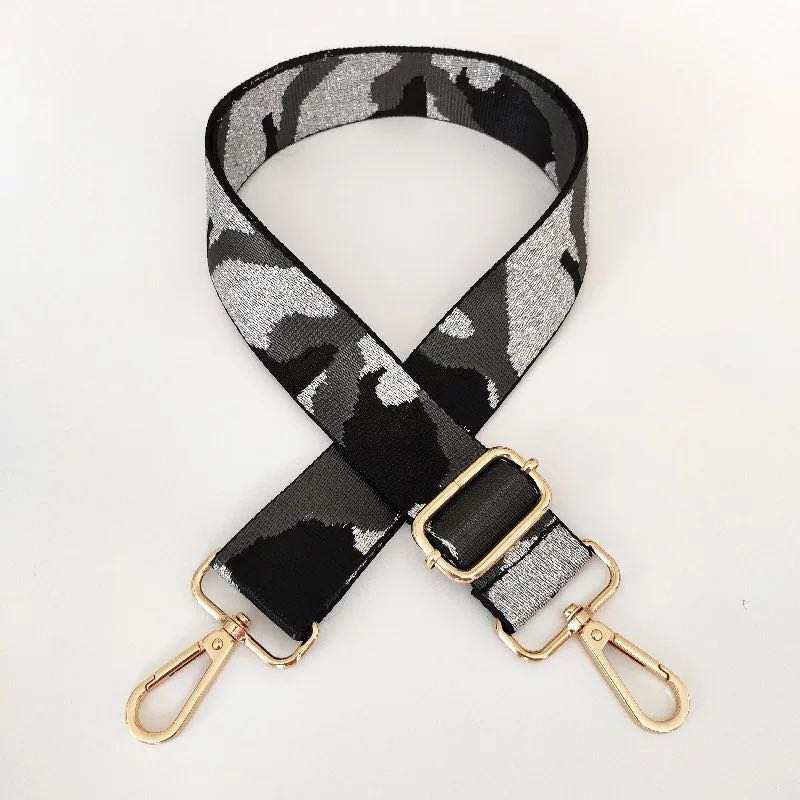 BAG STRAP: CAMO SILVER BLACK SHEEN  (GOLD OR SILVER HARDWARE 1.5 INCH WIDTH))