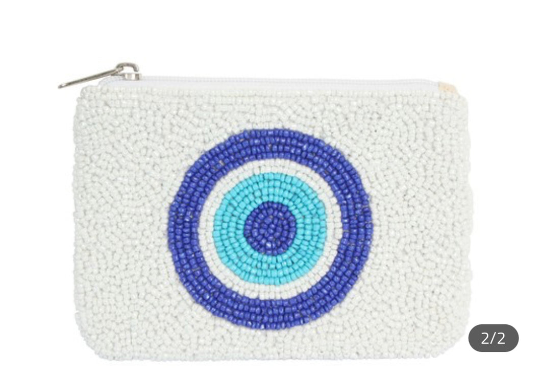 BEADED COIN PURSE: WHITE BLUE EYE