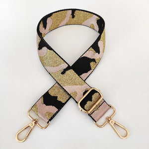 BAG STRAP: CAMO PINK BLACK SHEEN  (GOLD AND SILVER HARDWARE)