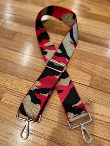 BAG STRAP: CAMO RED BLACK 2 INCHES (GOLD OR SILVER HARDWARE)