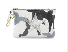 Load image into Gallery viewer, GENUINE LEATHER KEY CHAIN POUCH: CAMO BLACK WHITE SILVER STAR RIVET
