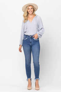 PLUS DENIM: HIGH RISE FRINGE POCKET