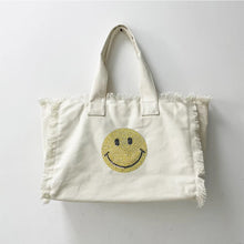 Load image into Gallery viewer, CANVAS FRINGE TOTE LARGE: SMILE STONES WHITE
