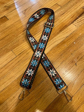 Load image into Gallery viewer, BAG STRAP: FLORAL BROWN BLUE DAISY (GOLD/ SILVER ARDWARE)
