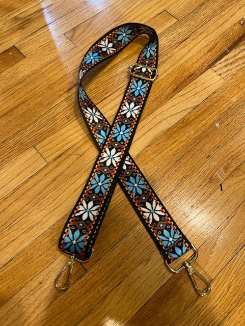 BAG STRAP: FLORAL BROWN BLUE DAISY (GOLD/ SILVER ARDWARE)