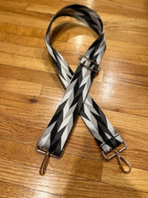 Load image into Gallery viewer, BAG STRAP: GEOMETRIC WHITE BLACK SILVER  (GOLD OR SILVER HARDWARE)
