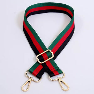 BAG STRAP: STRIPE RED GREEN BLACK 2 INCHES (SILVER OR GOLD HARDWARE)