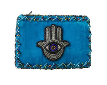 Load image into Gallery viewer, BEADED COIN PURSE: VELVET HAMSA (BLUE)
