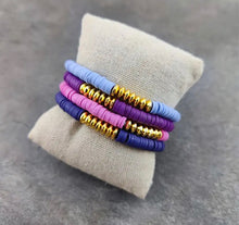 Load image into Gallery viewer, BRACELETS: BEADED POLYMER STACK W GOLD BEADS (BLUE/PURPLE)
