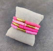 Load image into Gallery viewer, SALE BRACELETS: BEADED POLYMER STACK W GOLD BEADS (PINKS)
