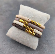 Load image into Gallery viewer, BRACELETS: BEADED POLYMER STACK W GOLD BEADS (BROWNS)
