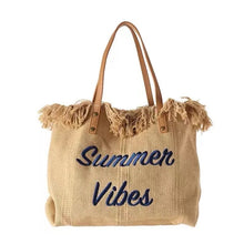 Load image into Gallery viewer, SALE CANVAS FRINGE TOTE: SUMMER VIBES (TAN)
